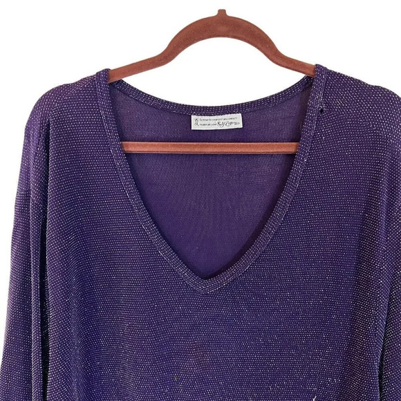 Self Esteem Glitter Blouse Dark Eggplant Purple V Neck Slinky Stretch Glitzy Top - Picture 3 of 7
